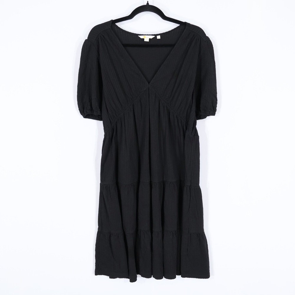 Boden Tiered V-Neck Puff Sleeve Dress Womens 12L Black Prairie Cottagecore